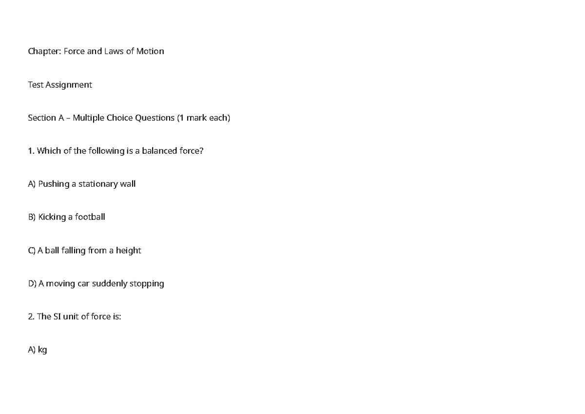 Chapter: Force and Laws of Motion MCQ & Short Answer Questions ...