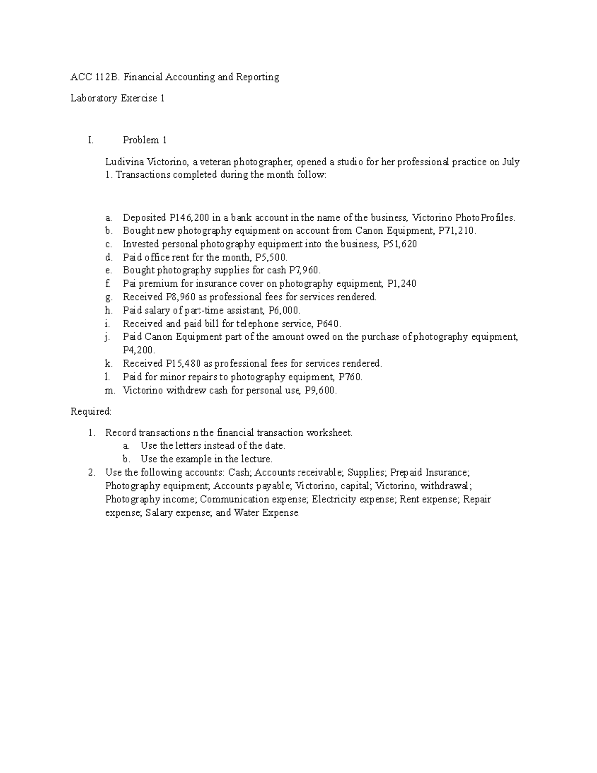 ACC-112B Financial Accounting Lab Exercise: Transaction Records ...
