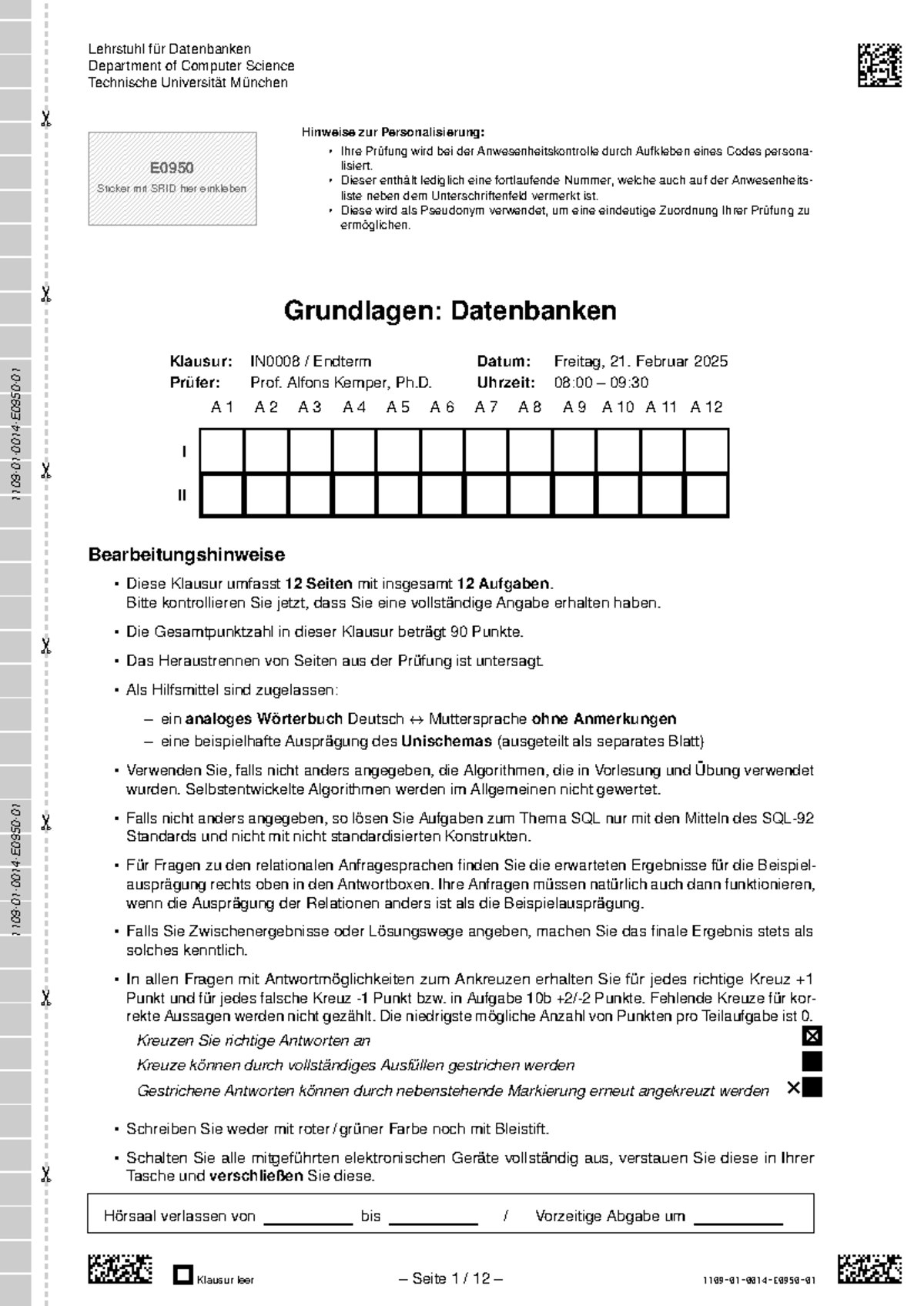 Klausur E0950: Grundlagen Datenbanken - Endterm 2025 - Studocu