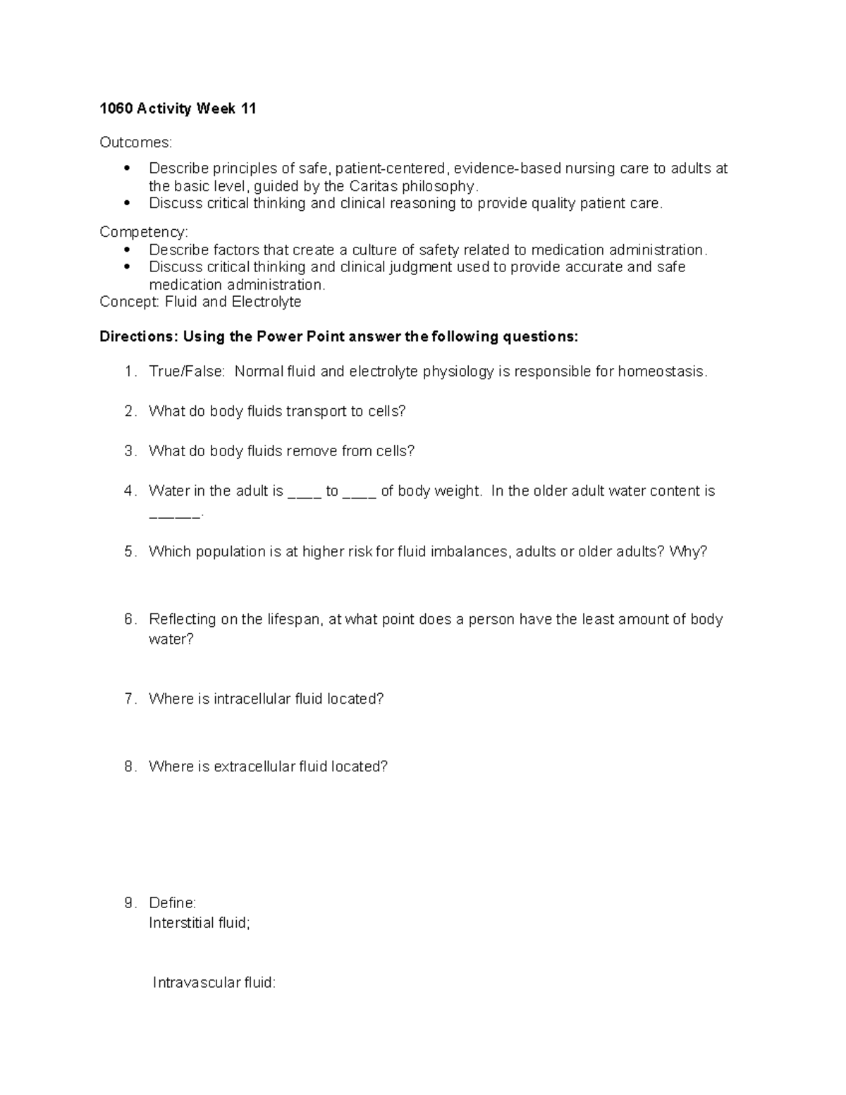 1060 W11 Fluids and Electrolytes Activity Study Guide Exam 3 NC - 1060 ...
