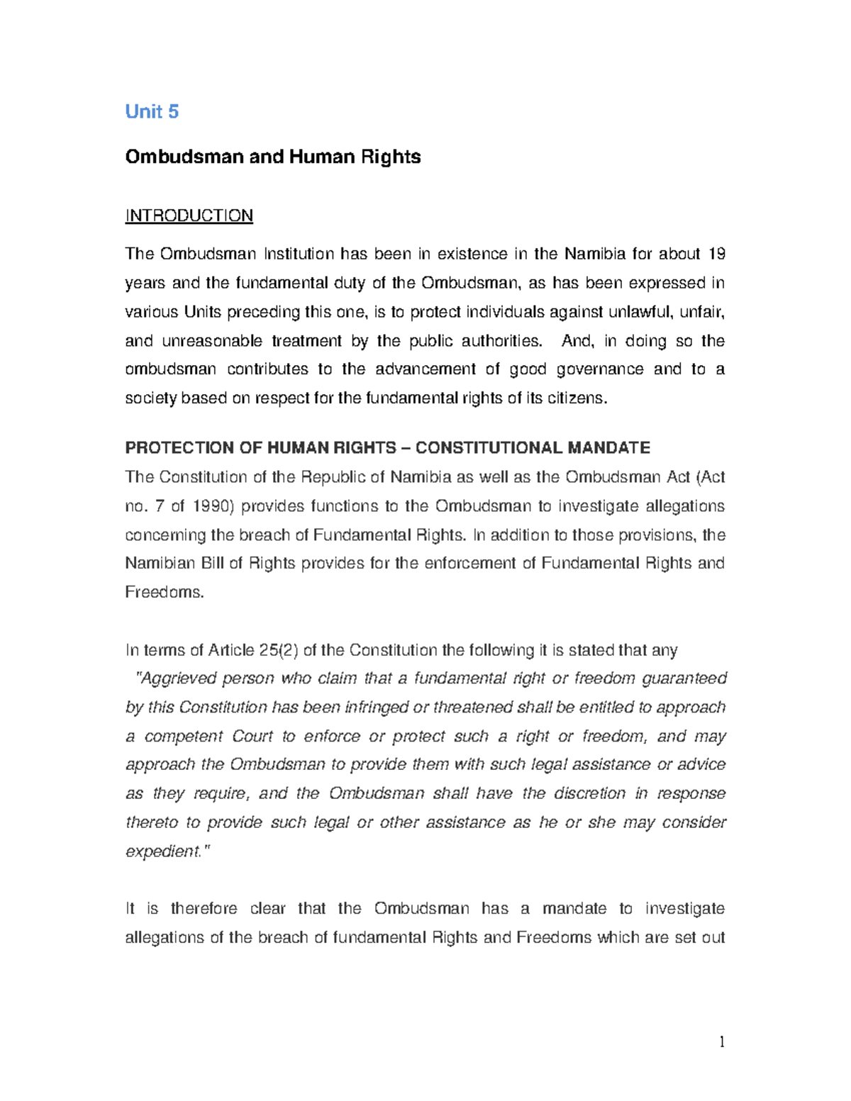 Ombuds Law Notes: Focus on Human Rights Protection (Unit 5) - Document Preview