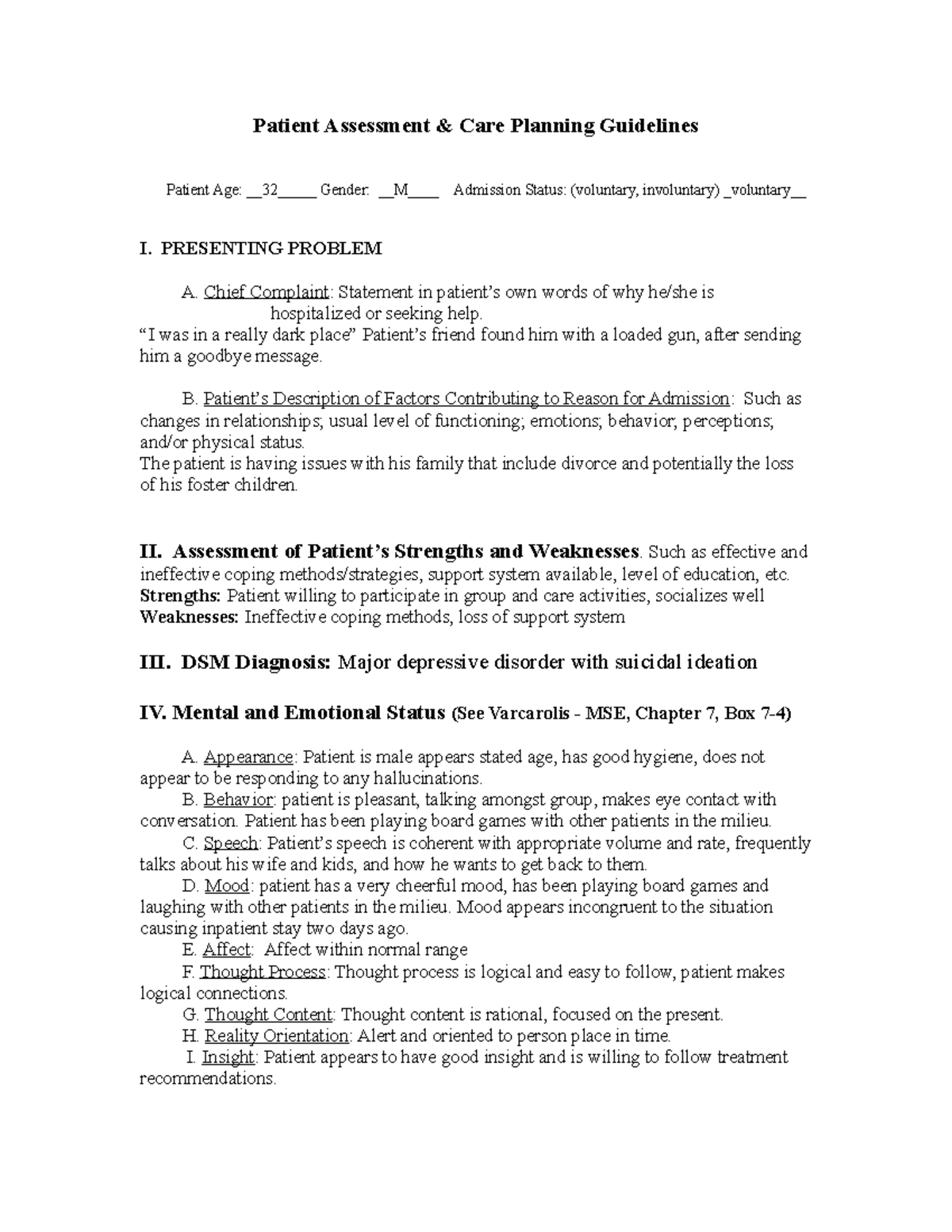 Mental Health Week 2 - Clinical Prep Report for Patient Assessment ...