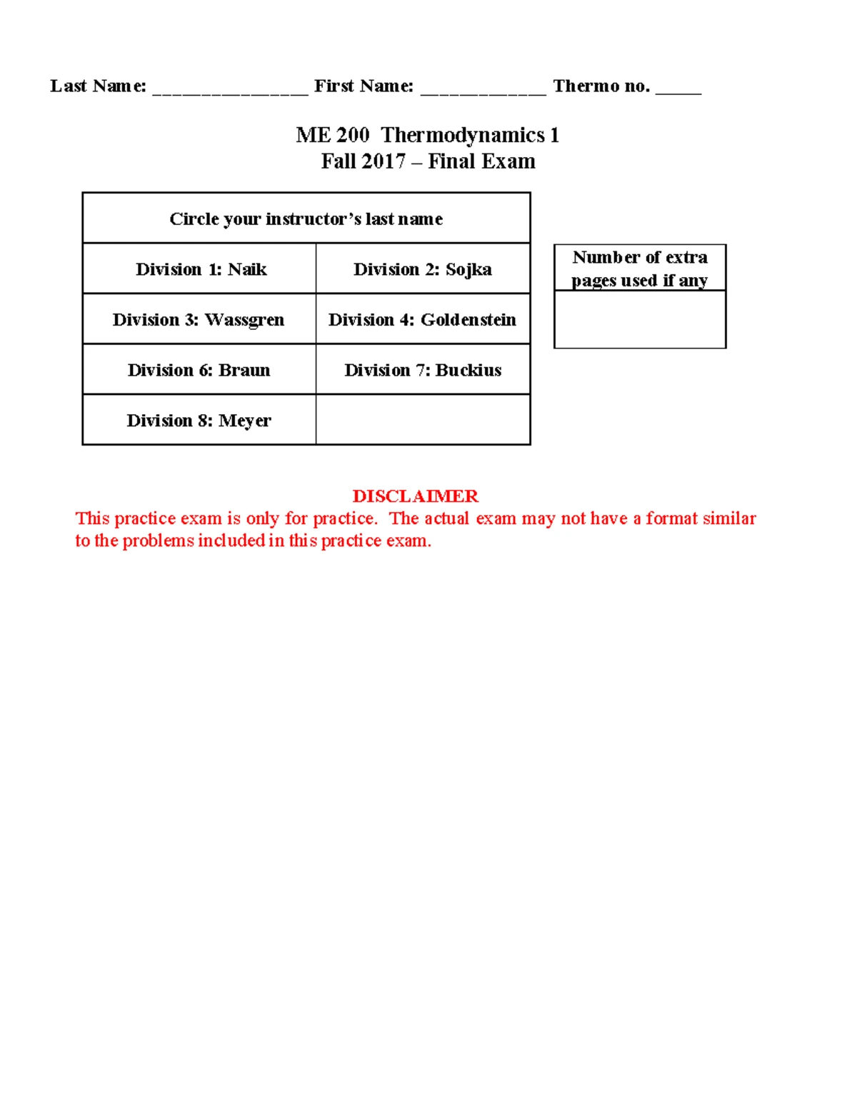 ME 200 Exam 3 Reference Guide: Key Assumptions and Equations Summary ...