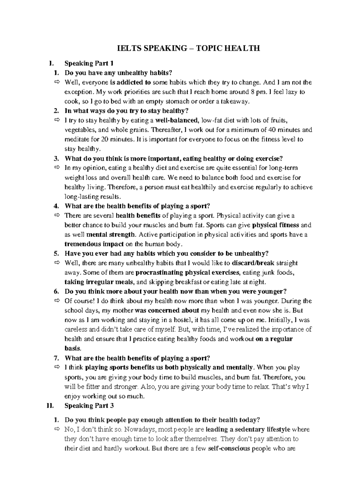 Unit 6 - Week 1 - Health - good - IELTS SPEAKING – TOPIC HEALTH I ...
