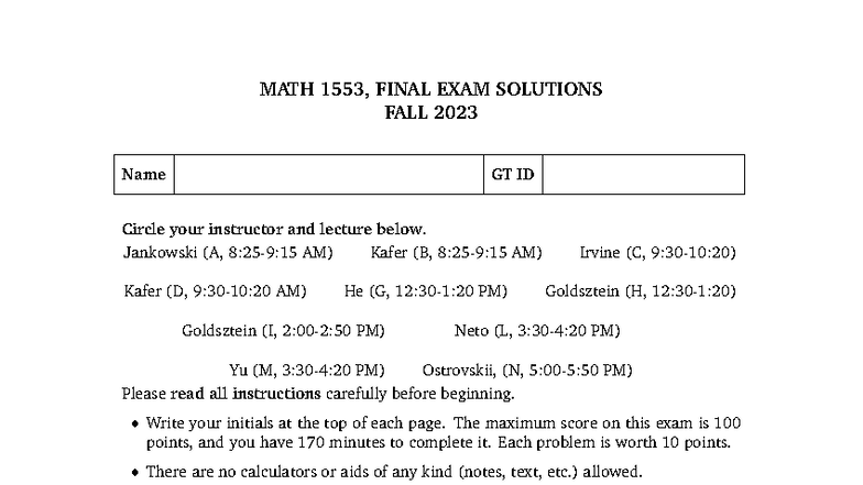 MATH 1553, FINAL EXAM SOLUTIONS FALL 2023 - Studocu