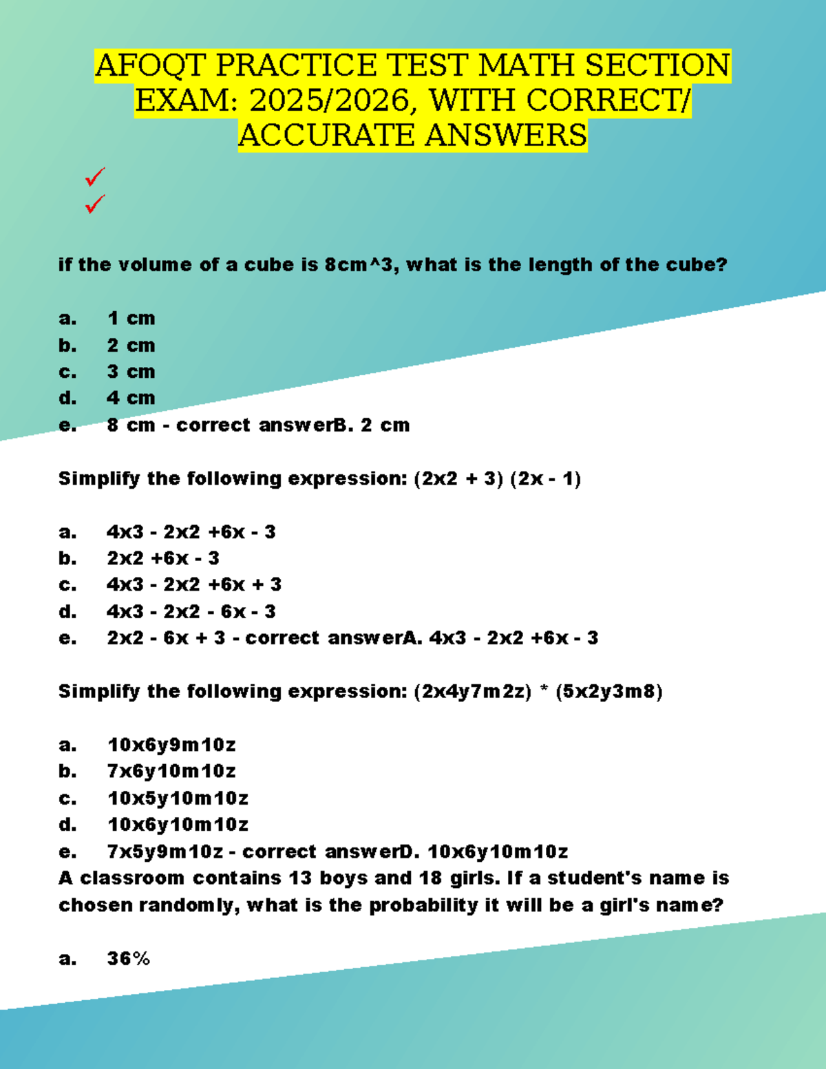 AFOQT PRACTICE TEST: MATH SECTION EXAM WITH ANSWERS - Studocu