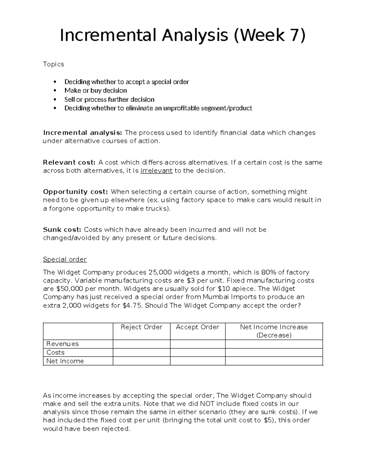 Incremental Analysis Cheat Sheet (ACCT 301) for Week 7 Topics - Studocu
