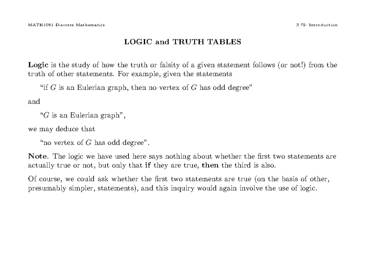 MATH1081 Discrete Mathematics: Logic and Truth Tables Overview - Studocu
