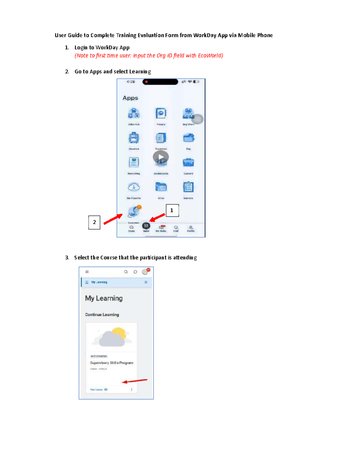 User Guide to Complete Training Evaluation Form from Work Day App via ...
