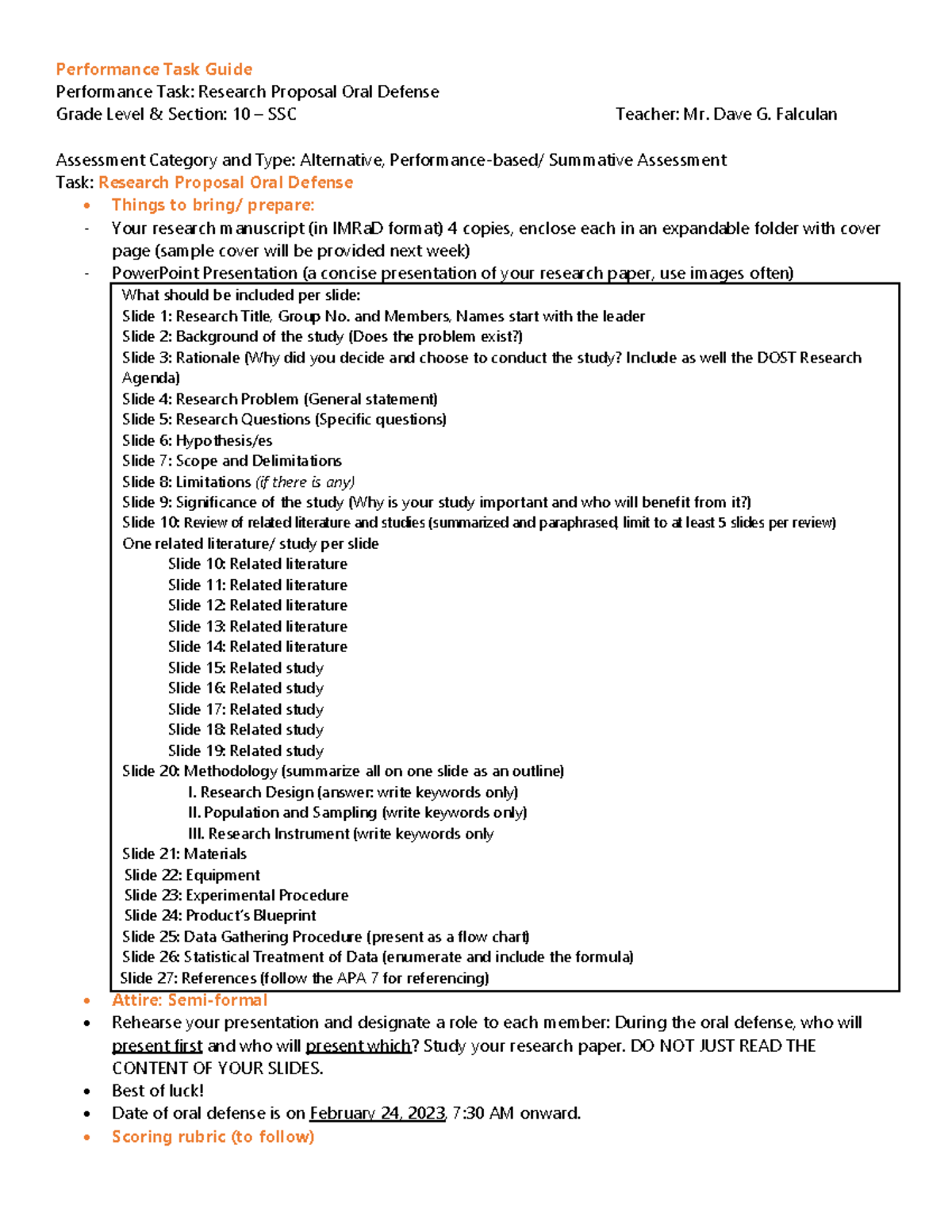 Performance Task Guide: Research Proposal Oral Defense for 10-SSC - Studocu