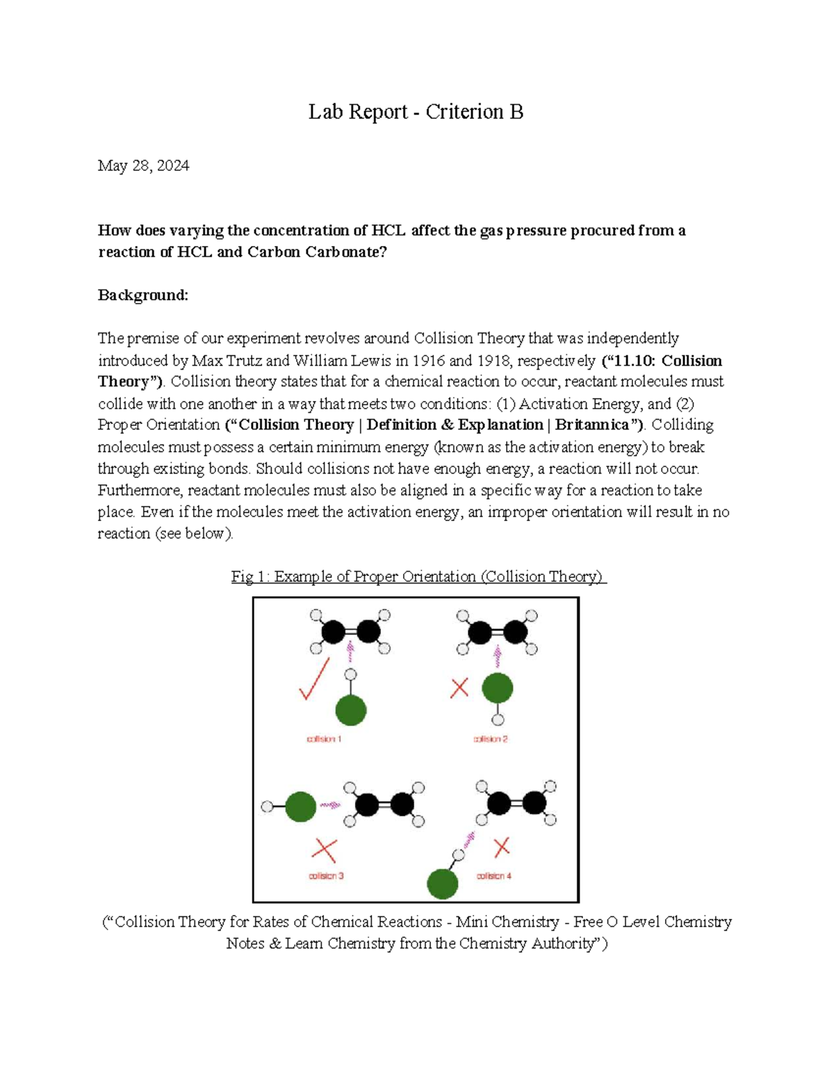 Lab Report - Criterion B: Impact of HCL Concentration on Gas Pressure ...