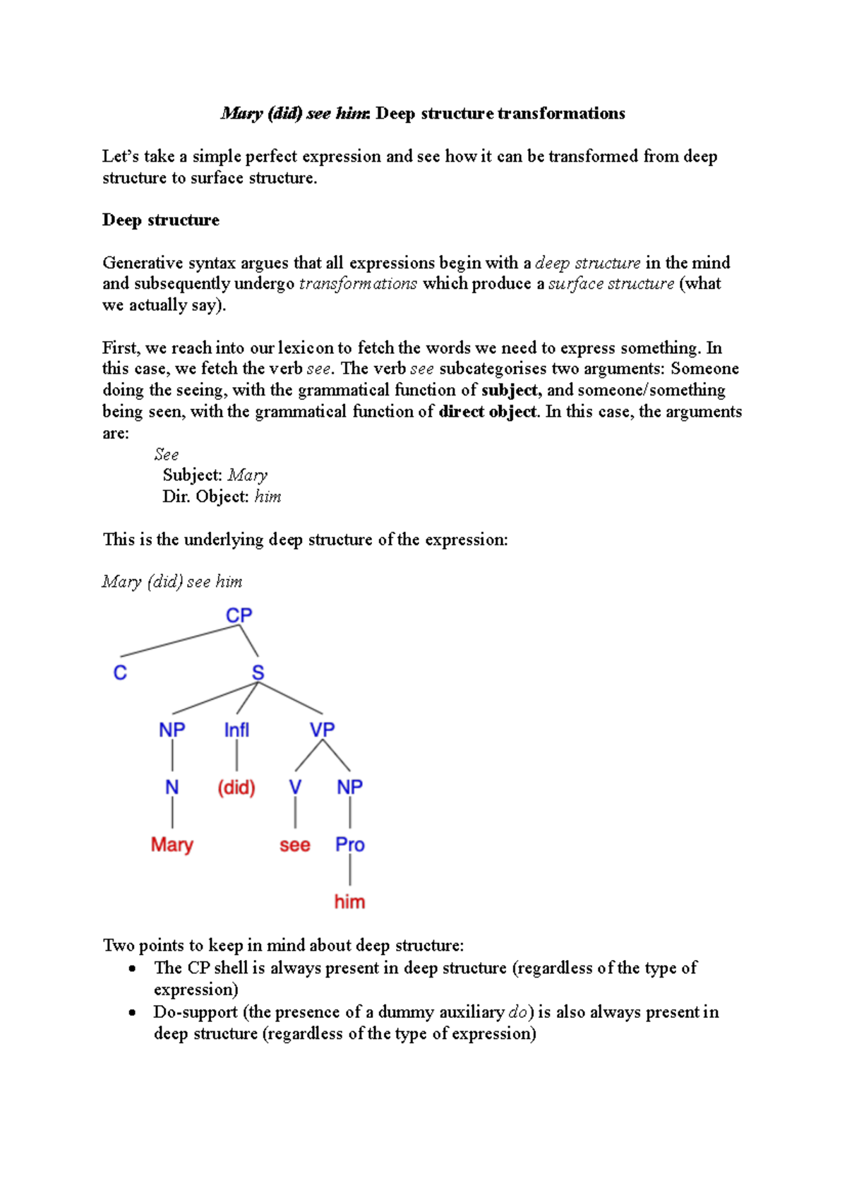 LING3350 Week 9: Deep Structure Transformations of "Mary Did See Him ...