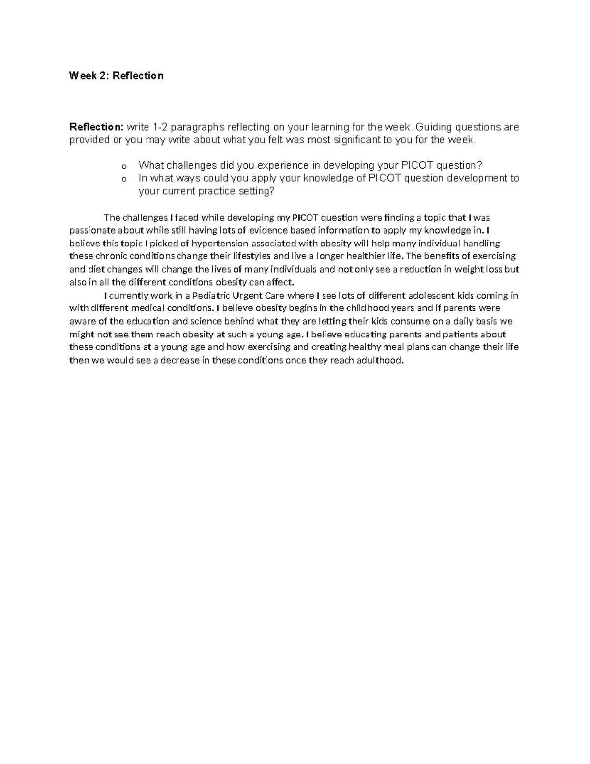 Reflection on Learning - Week 2: PICOT Question Insights - Studocu