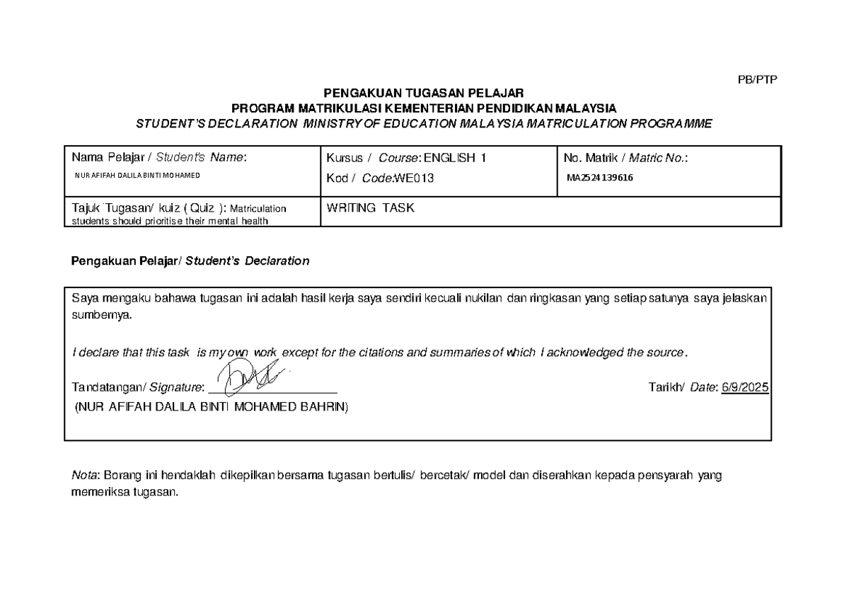 PB/PTP: Student Declaration Form for English 1 Writing Task - Studocu