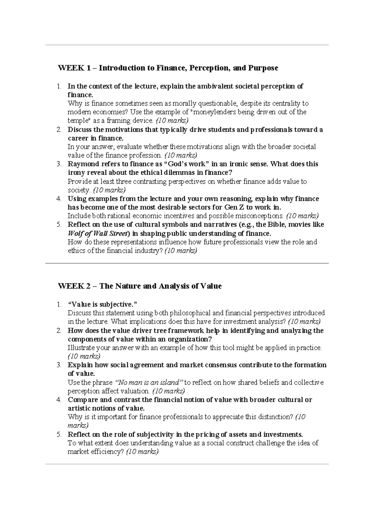 WEEK 1-11 Exam Practice Questions for Finance Course (FIN 101) - Studocu