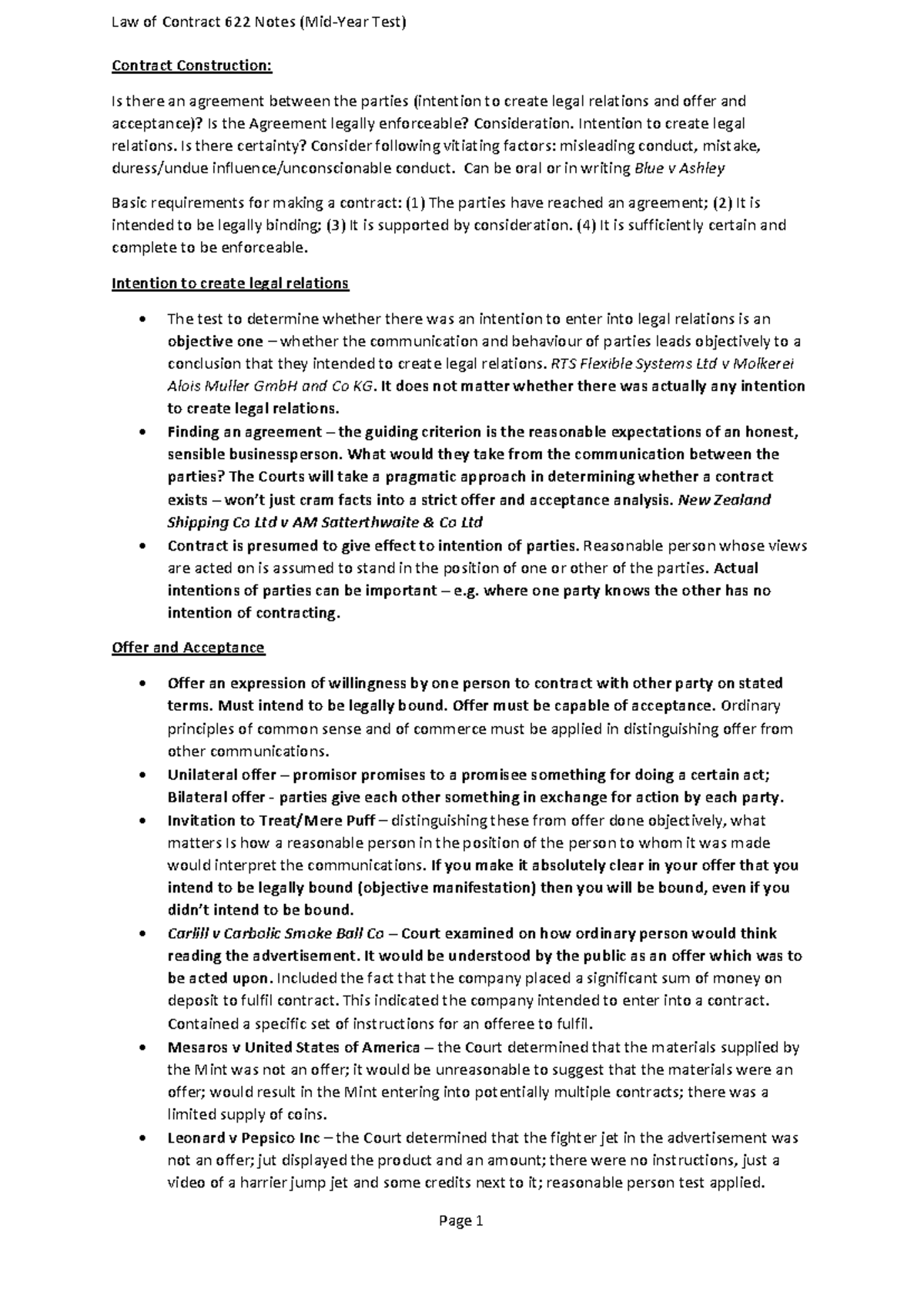 Law of Contract 622 Mid-Year Test Summary - Law of Contract 622 Notes ...