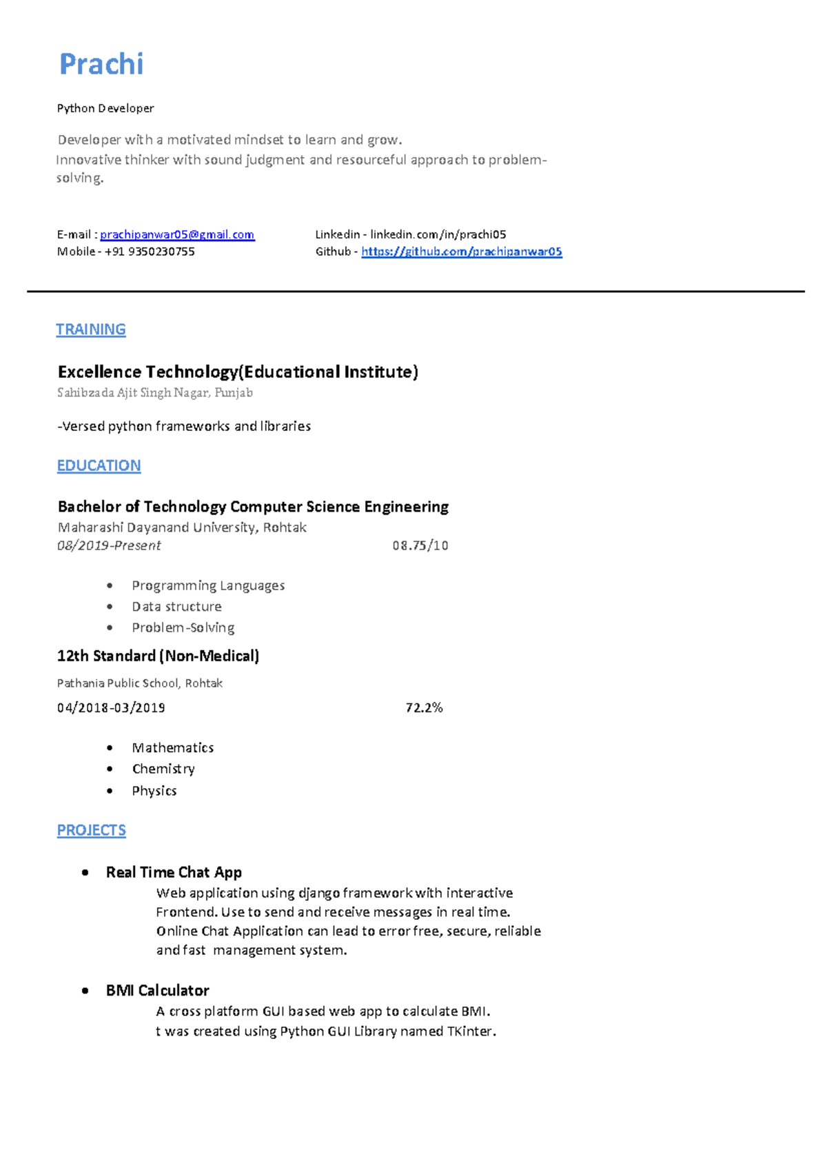 Prachi - It is my resume - Prachi Python Developer Developer with a ...