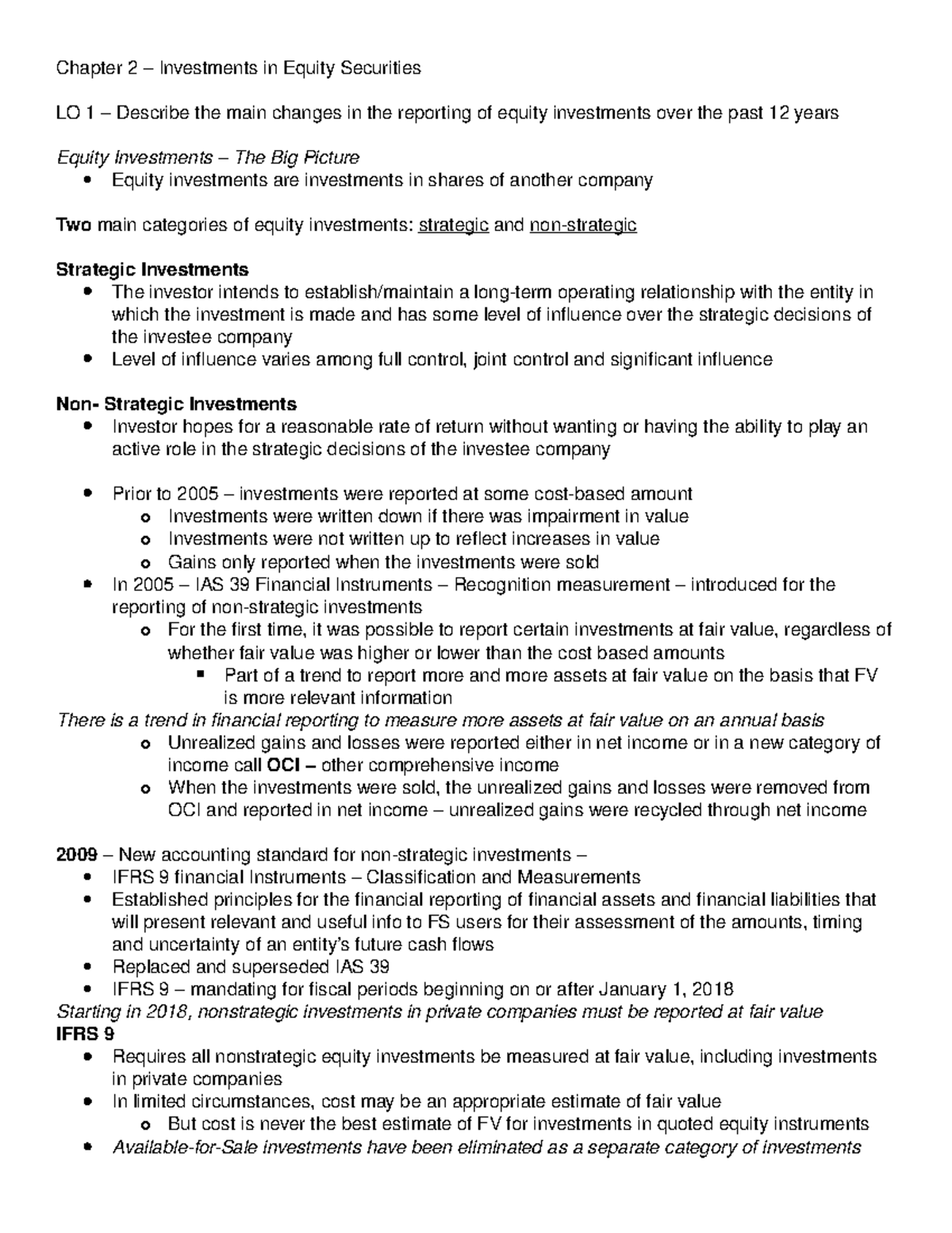 Chapter 2 Notes: Equity Securities Investments & Reporting Changes ...