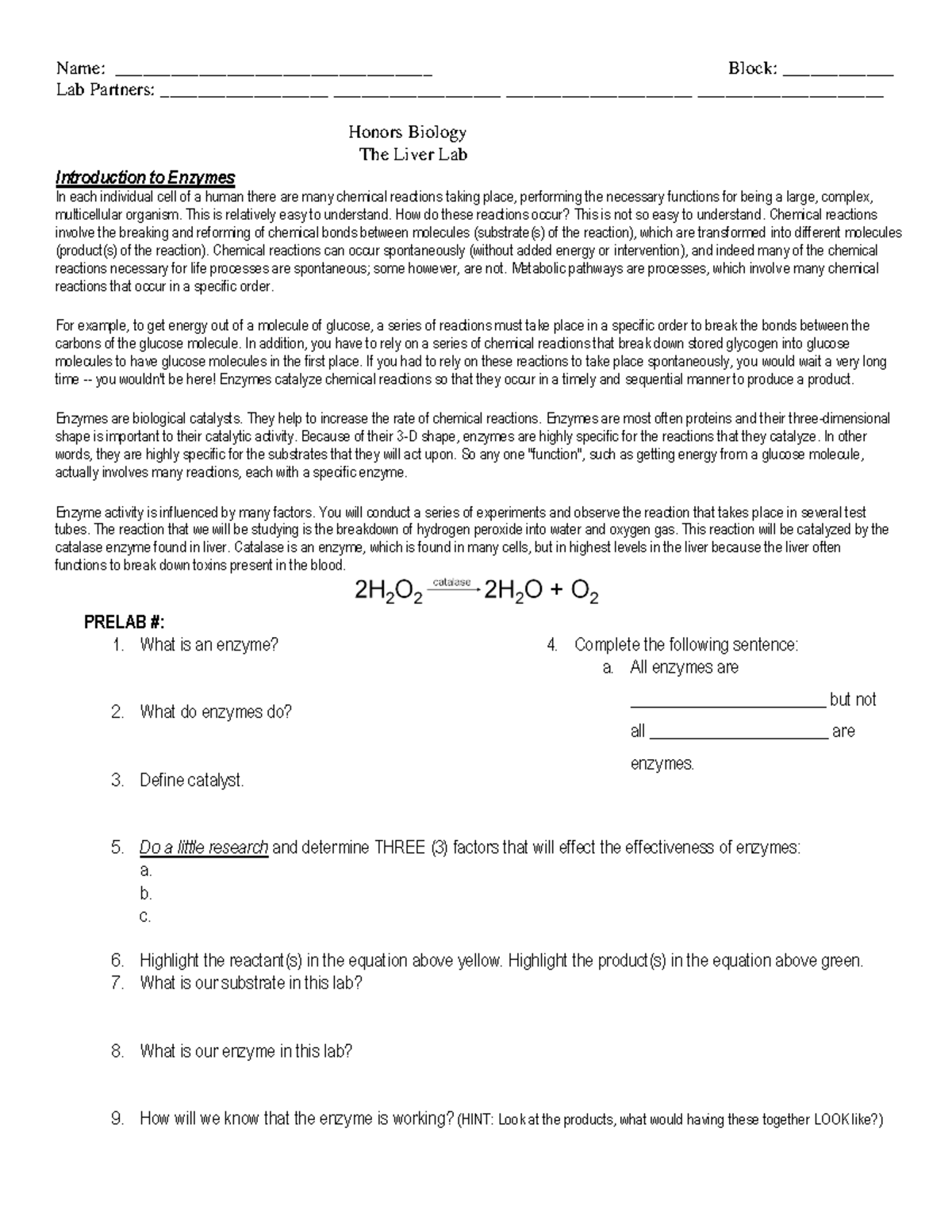 Liver Enzyme Lab Report - Honors Biology 2013 - Studocu
