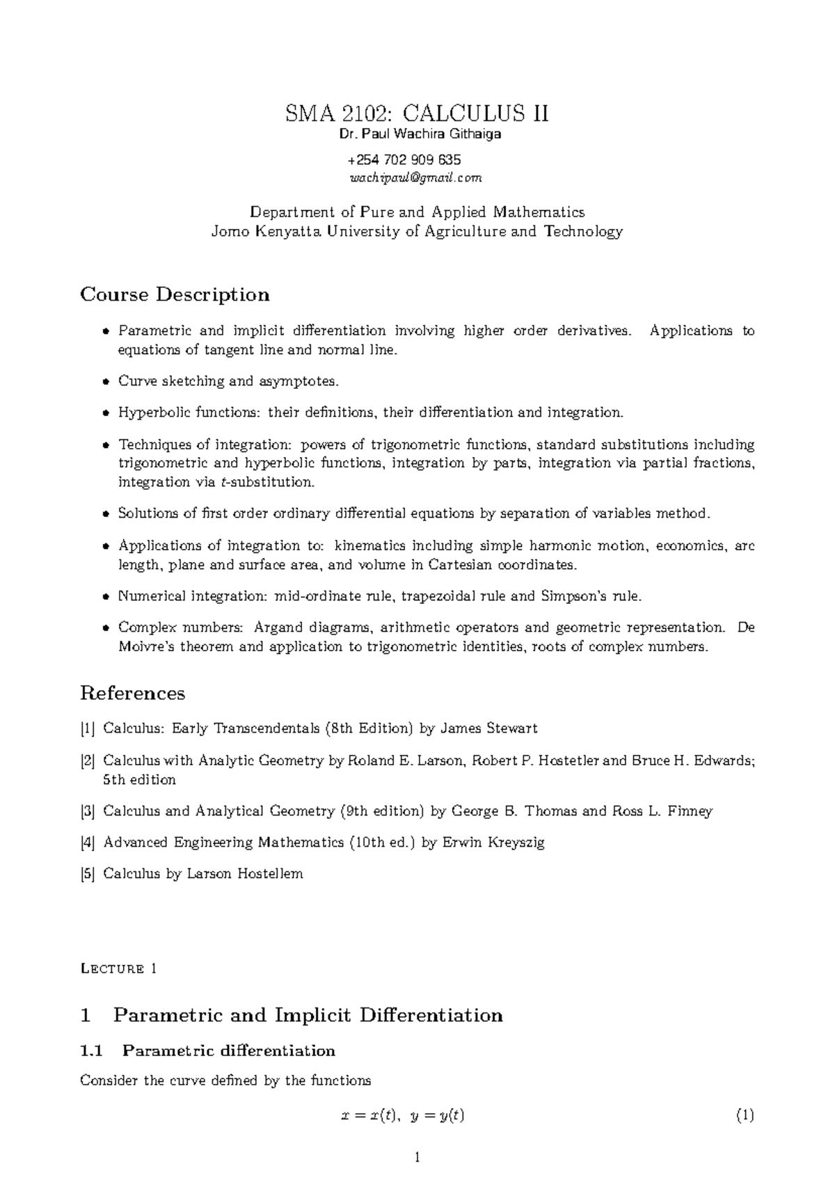SMA 2102: Calculus II Lecture Notes on Differentiation and Integration ...