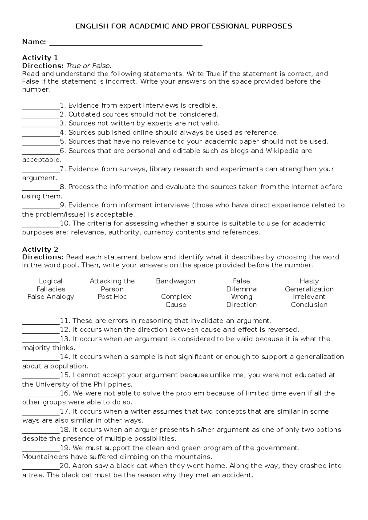 EAPP Q4 Quiz 1 - True or False & Logical Fallacies Practice - Studocu