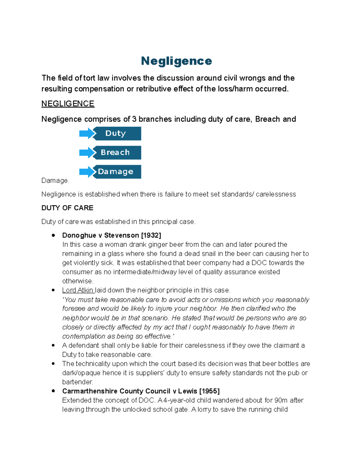 Negligence in Tort Law: Examining Duty of Care, Breach & Damage - Studocu