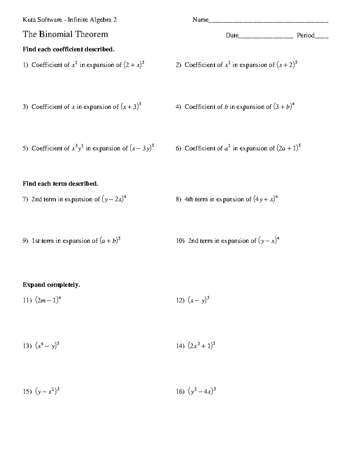 The Binomial Theorem Worksheet (Infinite Algebra 2) - Studocu