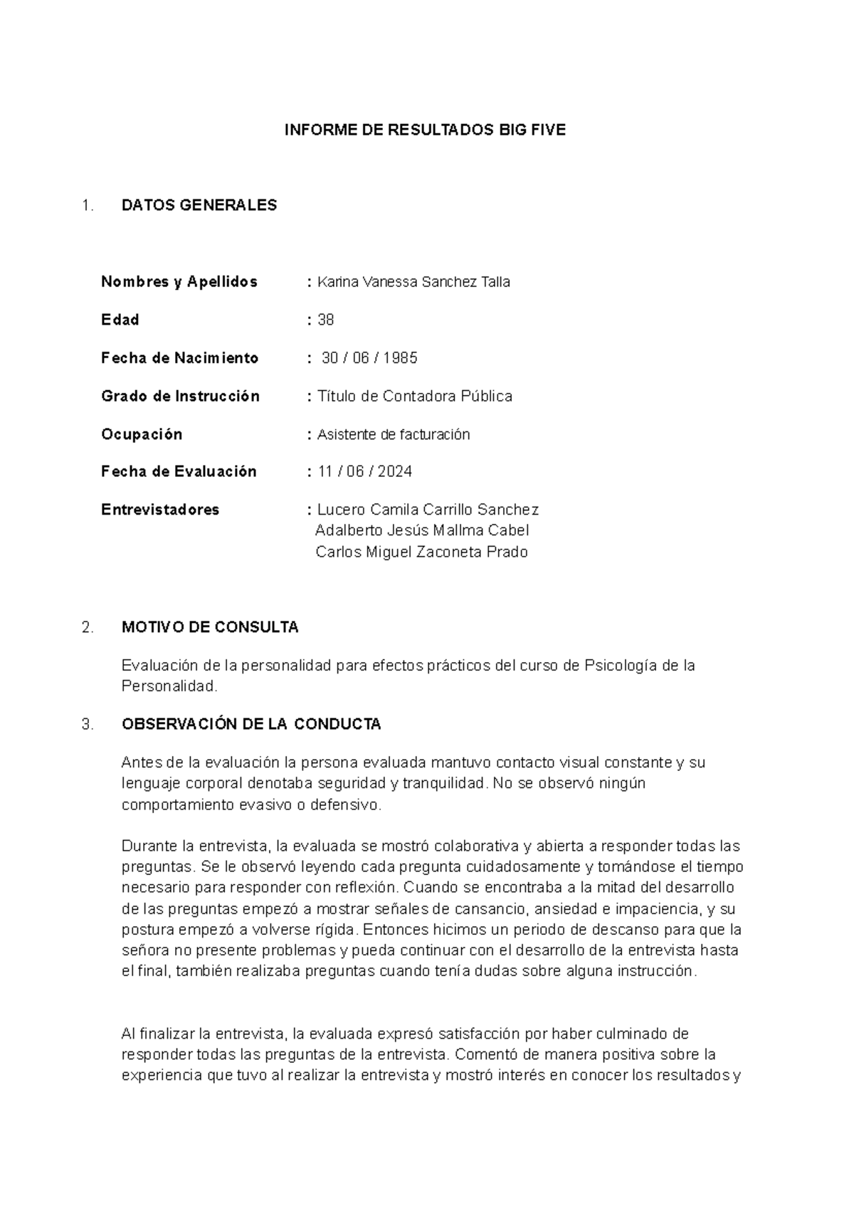 Informe Big Five - Resultados y Recomendaciones de Evaluación - Document Preview