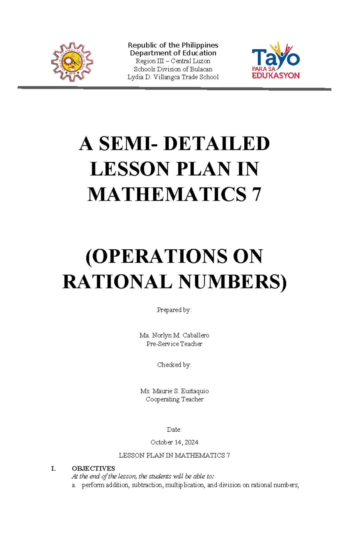 Detailed Lesson Plan: Math 7 - Operations on Rational Numbers - Studocu