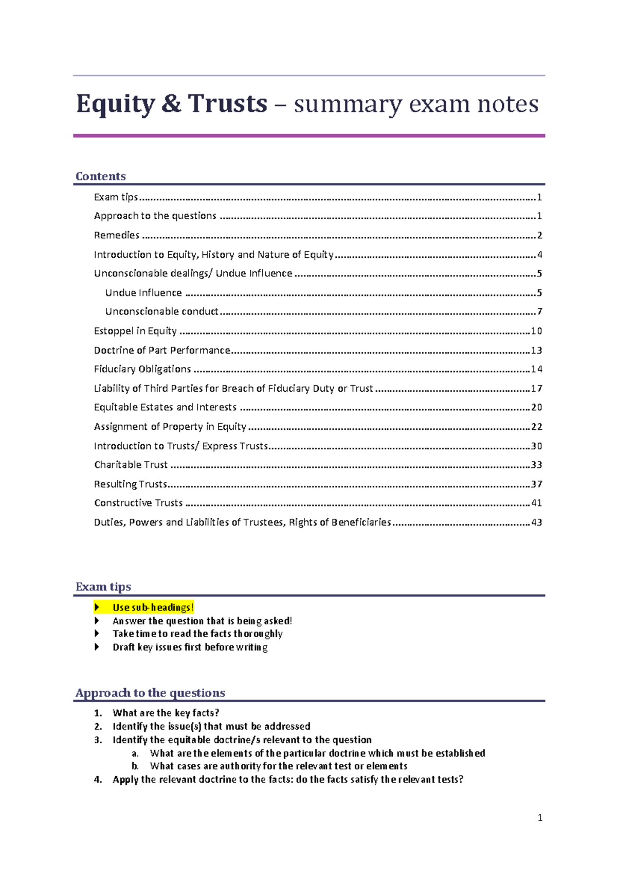 Equity and Trusts (Law 401): Comprehensive Exam Summary Notes - Studocu