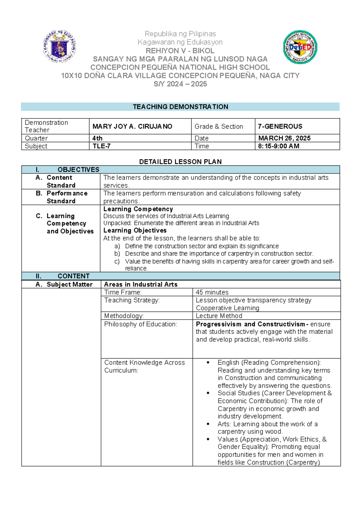 Detailed Lesson Plan for TLE-7: Understanding Carpentry in Construction ...