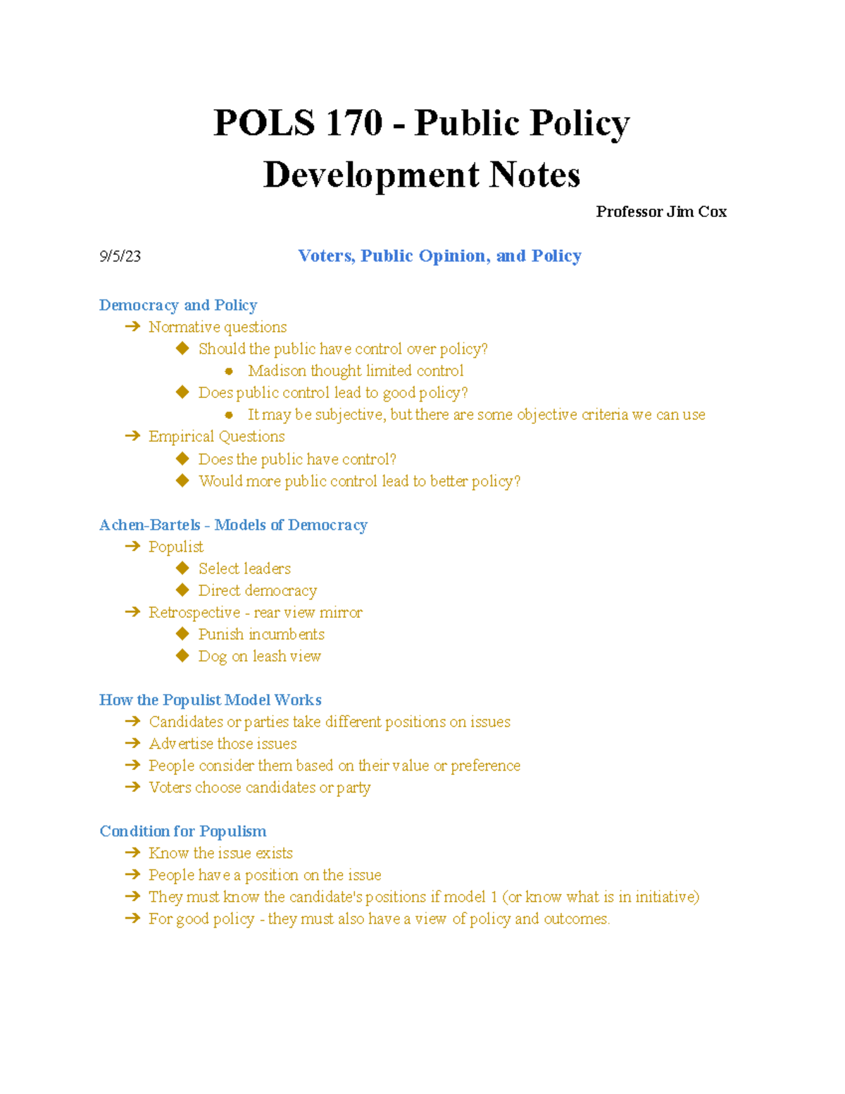 POLS 170 - Final Exam Notes on Public Policy Development - Studocu