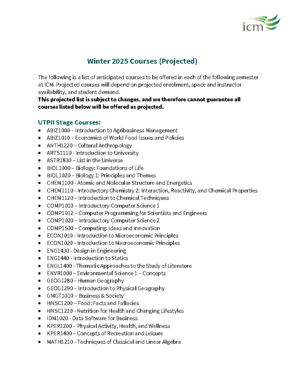 Winter 2025 Projected Course List Winter 2025 Courses (Projected) The