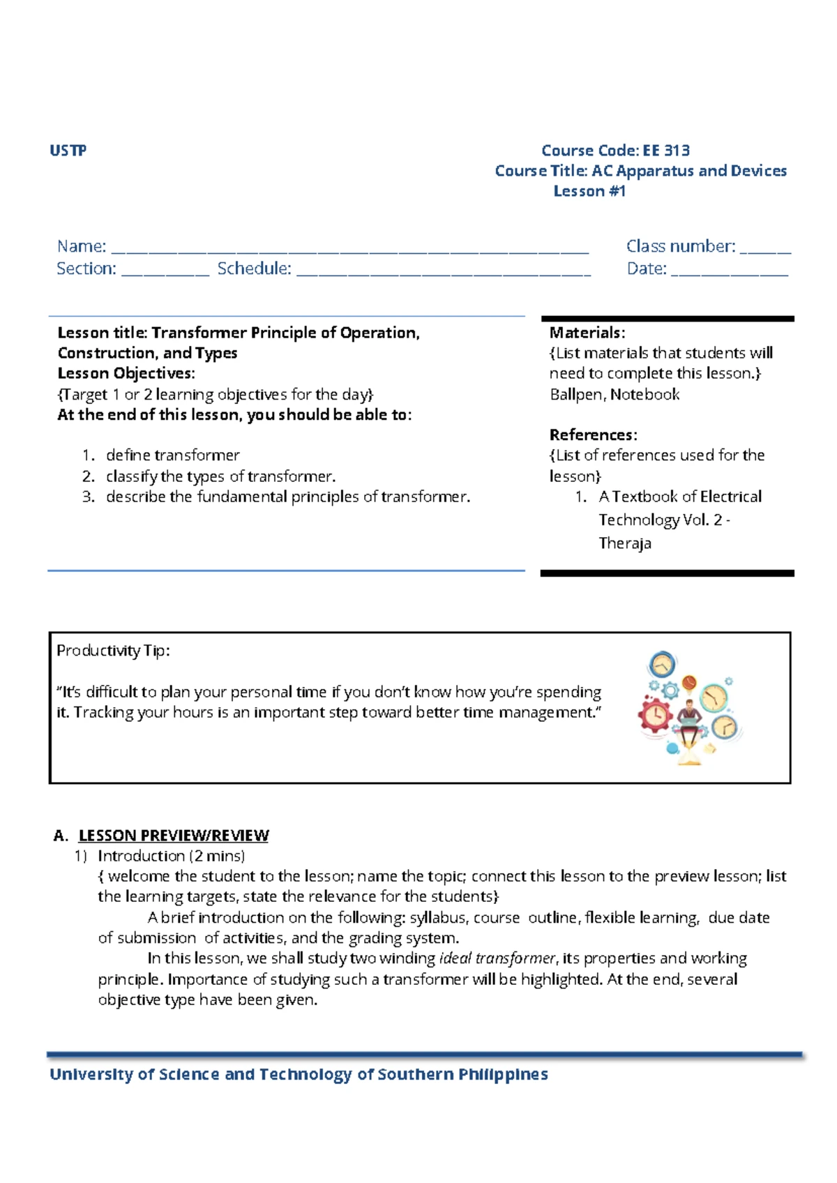 EE313 Lesson 3 - Practical Transformer Analysis and Objectives - Studocu