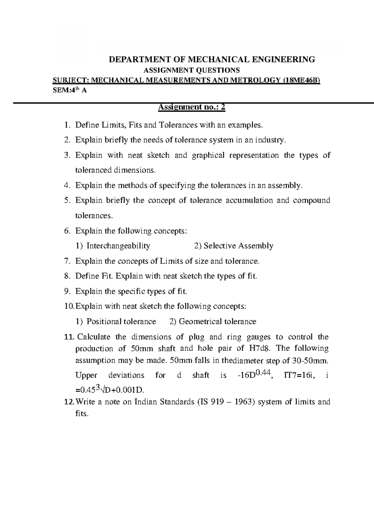 Mechanical Measurements and Metrology Assignment 2 (18ME46B) - Studocu