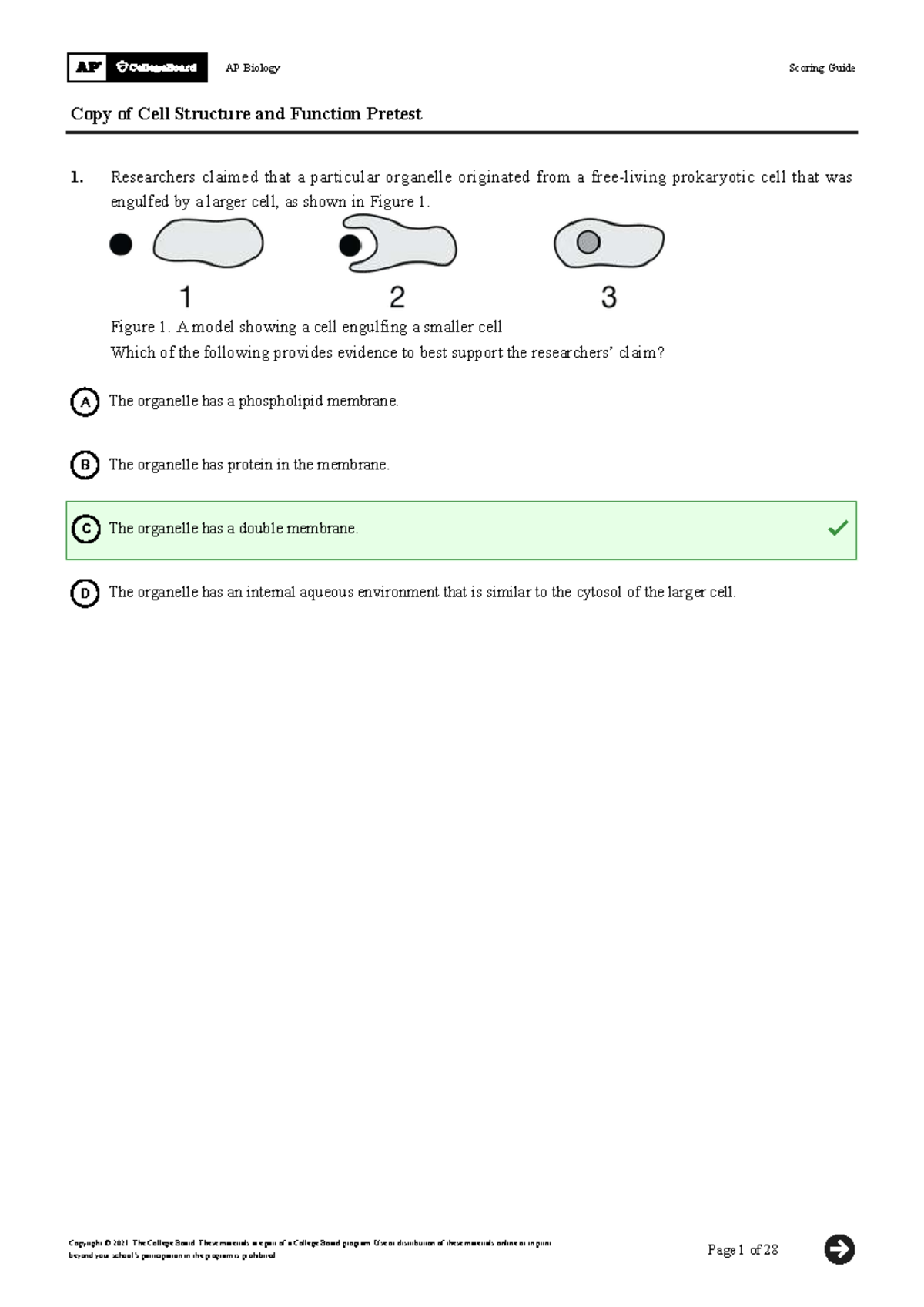 AP Biology (APBIO) Cell Structure & Function Pretest Scoring Guide ...