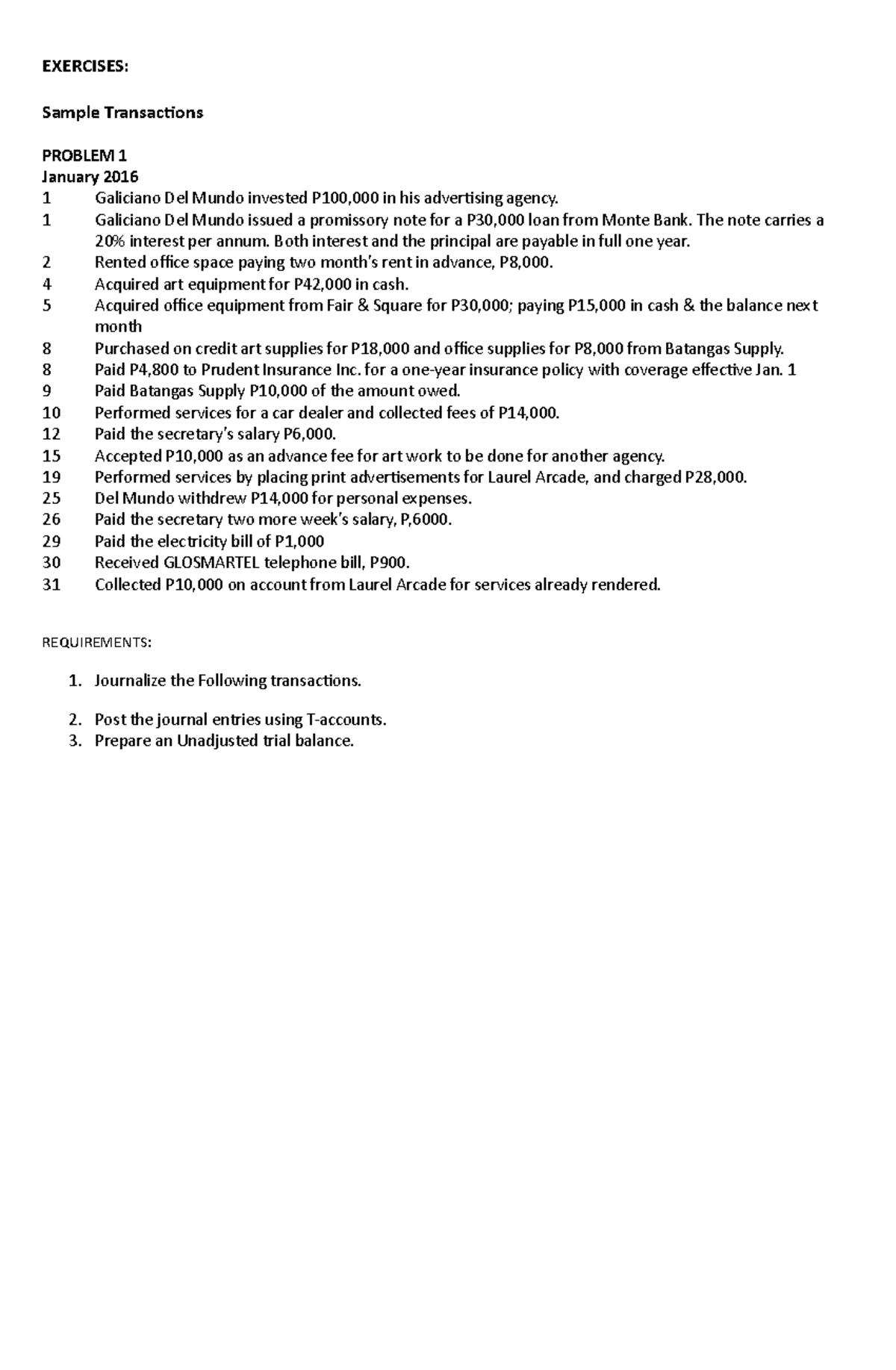 Exercises: Journalizing & Adjusting Entries for Financial Transactions ...