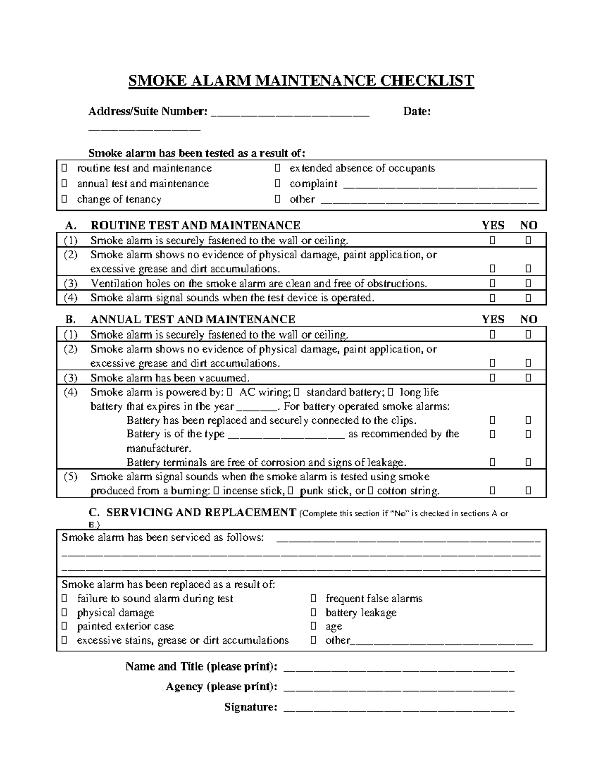 Fire smokealarmmaintenancechecklist - SMOKE ALARM MAINTENANCE CHECKLIST ...