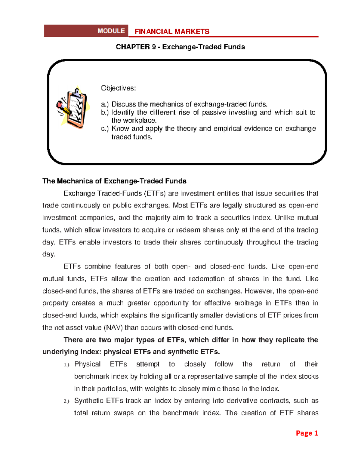 Chapter 9 - Understanding Exchange-Traded Funds (ETFs) Mechanics - Studocu