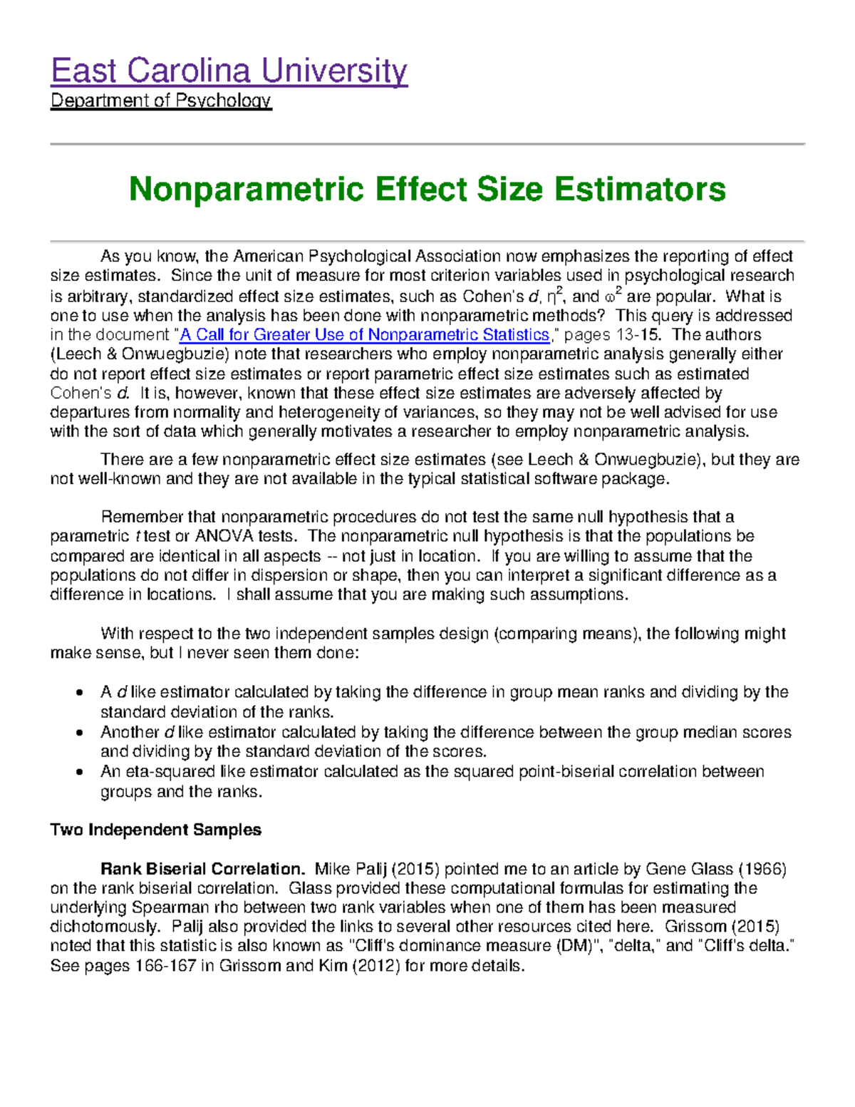 Nonparametric Effect Size Estimators - Since the unit of measure for ...