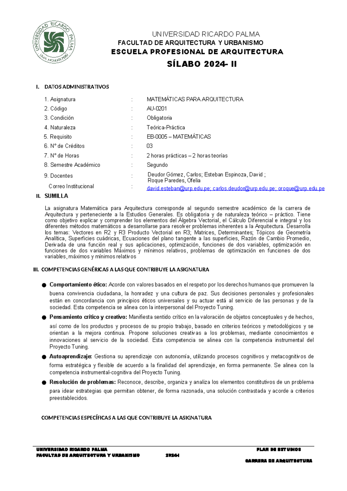 Sílabo AU-2024-II: Matemáticas para Arquitectura - Plan 2024-I - Document Preview