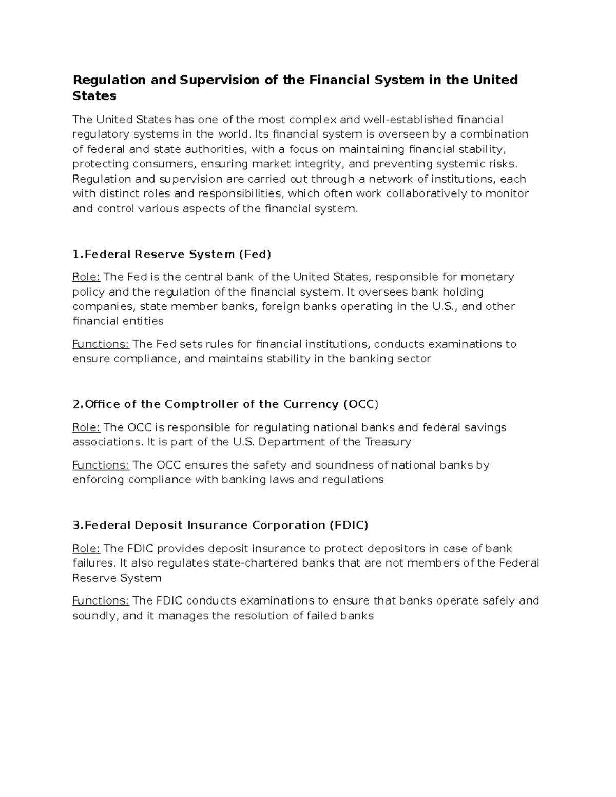 Regulation and Supervision of the Financial System in the United States ...