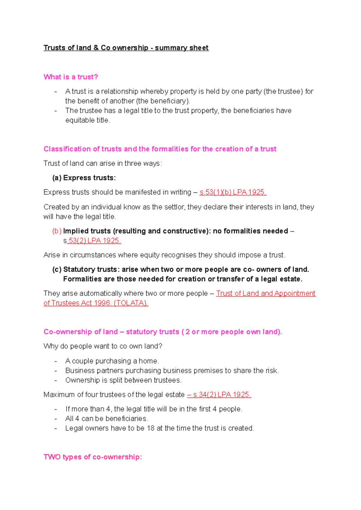 Summary sheet - Trusts of land & Co ownership - summary sheet What is a ...