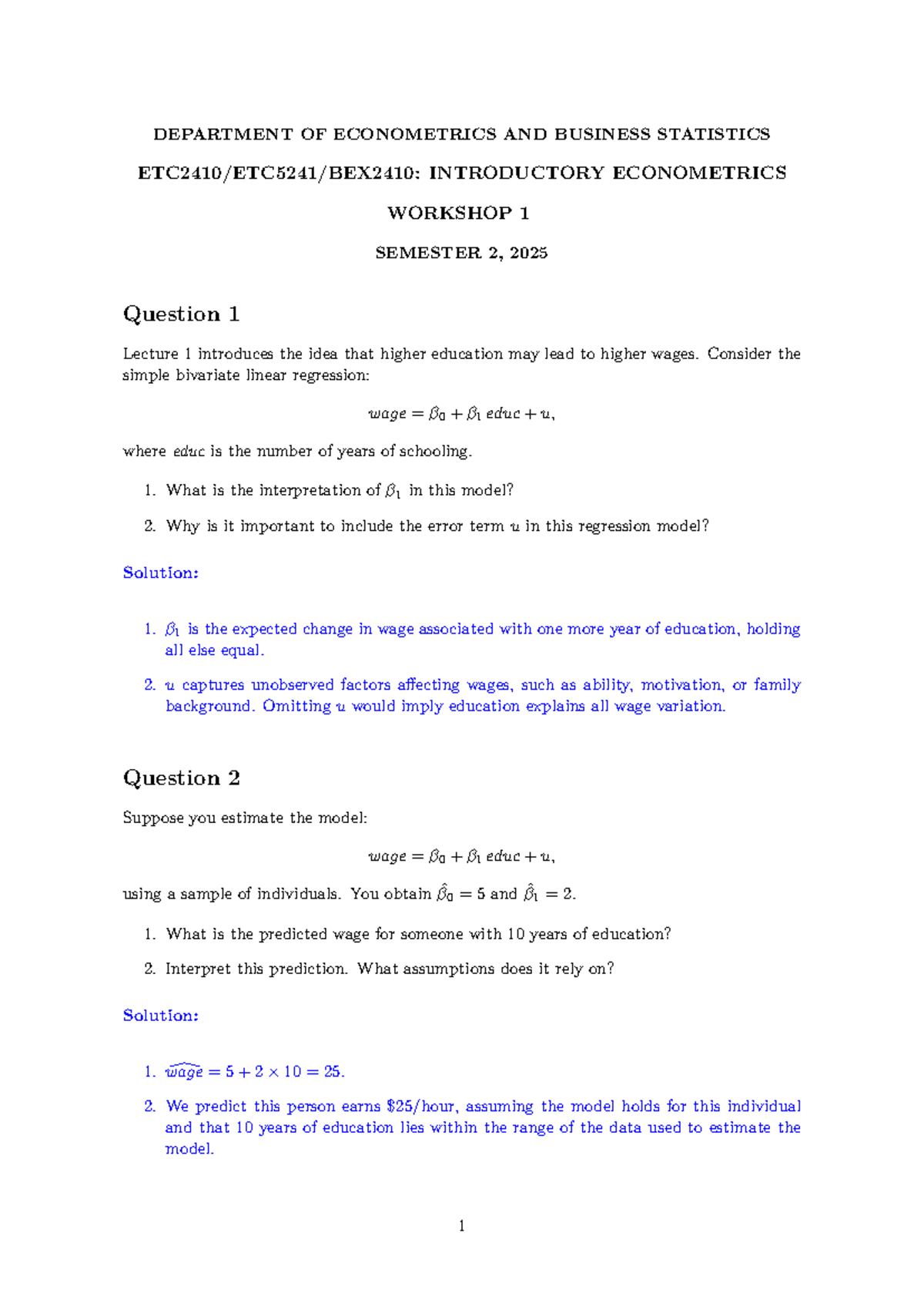 ECON 101: Introductory Econometrics Workshop 1 - Semester 2, 2025 - Studocu