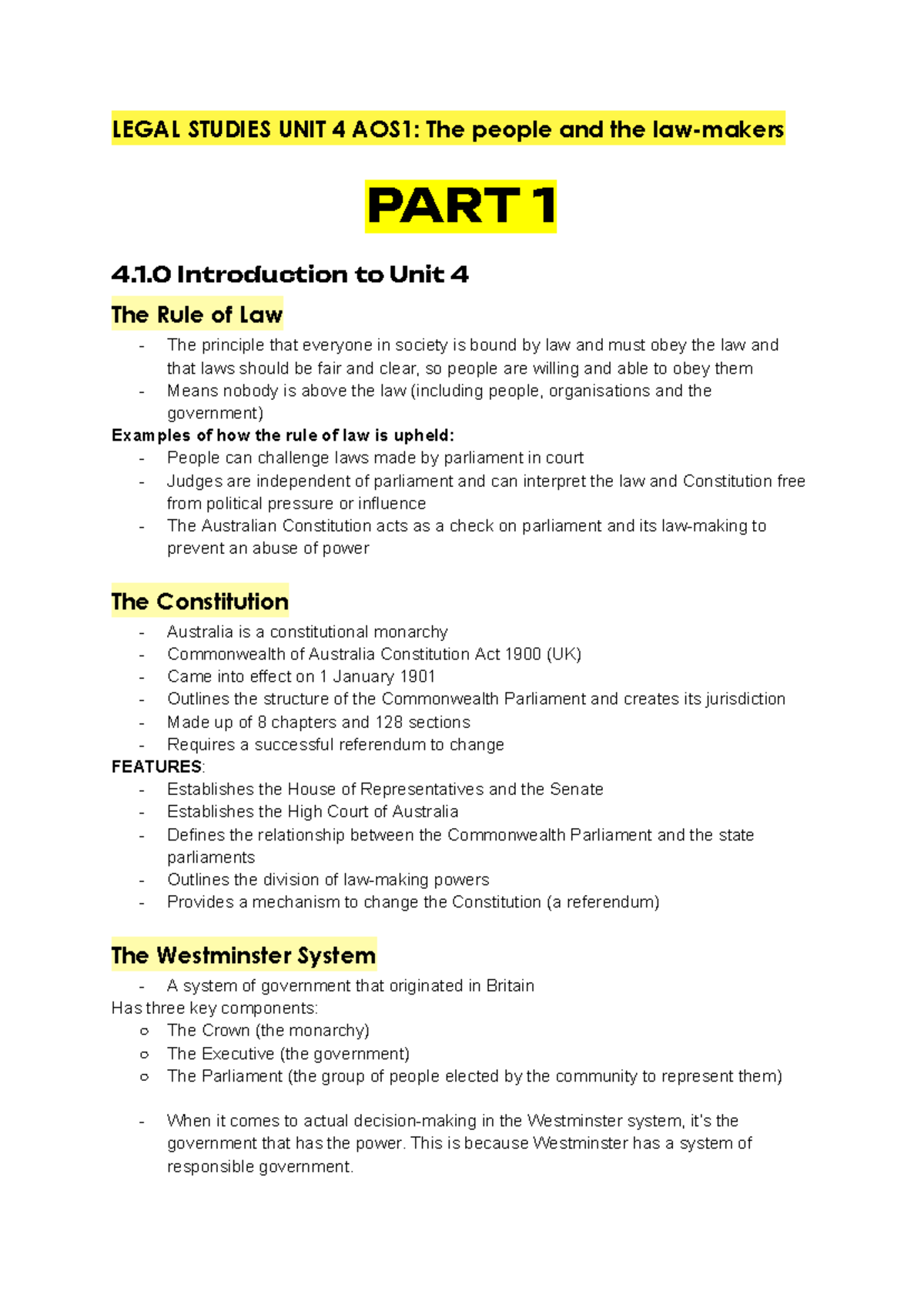 Legal Studies Unit 4 AOS1: The Rule of Law and Government Structure ...