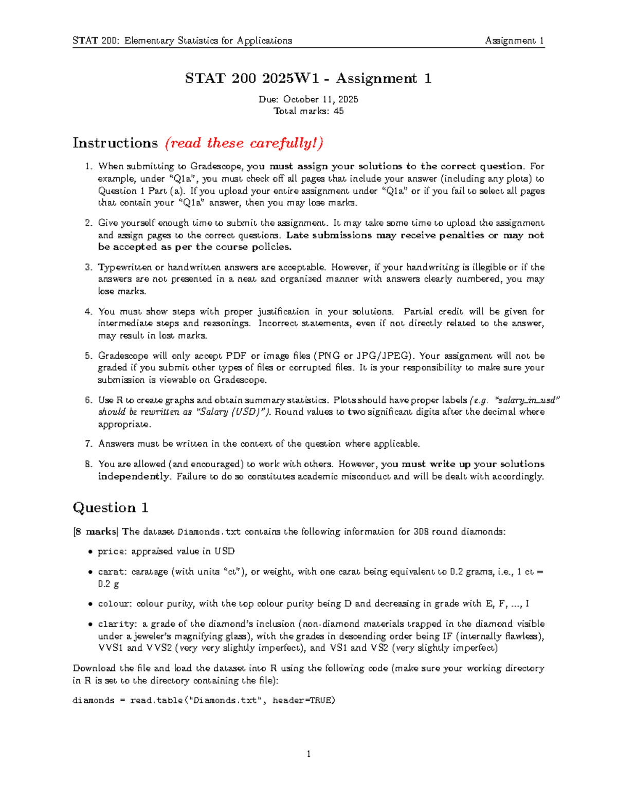 STAT 200: Elementary Statistics Assignment 1 Guidelines and Questions ...