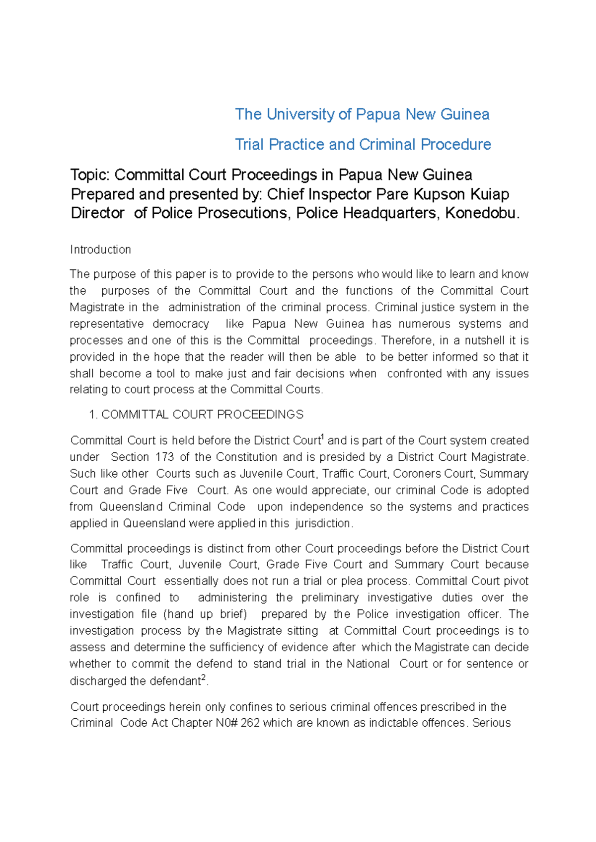 Lecture Notes on Committal Court Process (CRP 101) in Papua New Guinea ...