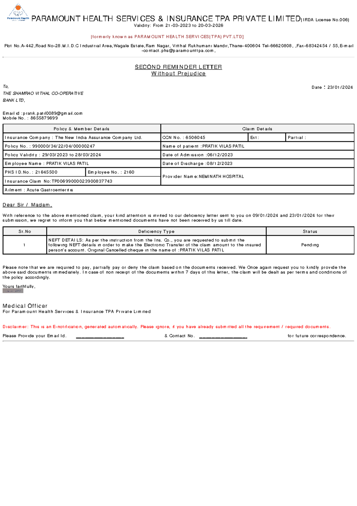 6506045 - Claim Deficiency Reminder Letter from Paramount Health TPA ...