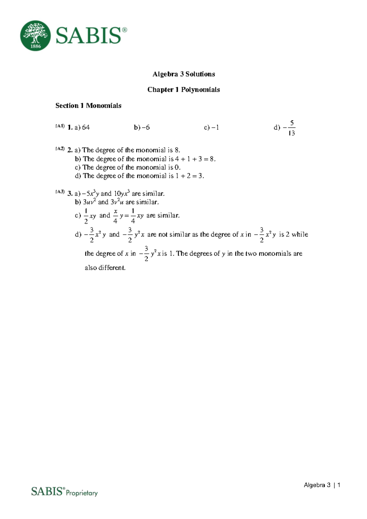 Algebra 3 (A1-A84) Solutions for Chapter 1: Polynomials & More - Studocu