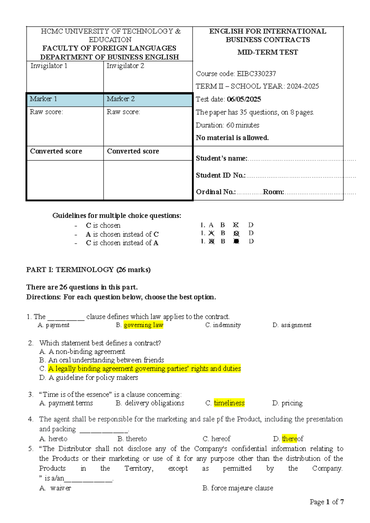 EIBC330237 Midterm Test Keys for International Business Contracts - Studocu